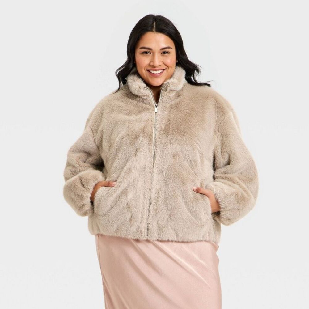 Women's Faux Fur Zip-Up Jacket - A New Day Light Gray Wash 3X